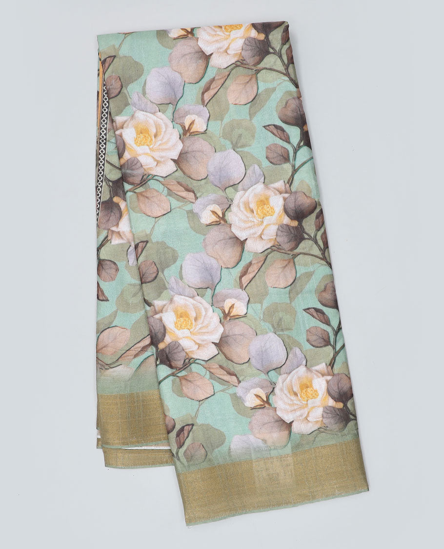 Green floral printed semi-banaras dola saree, plain border
