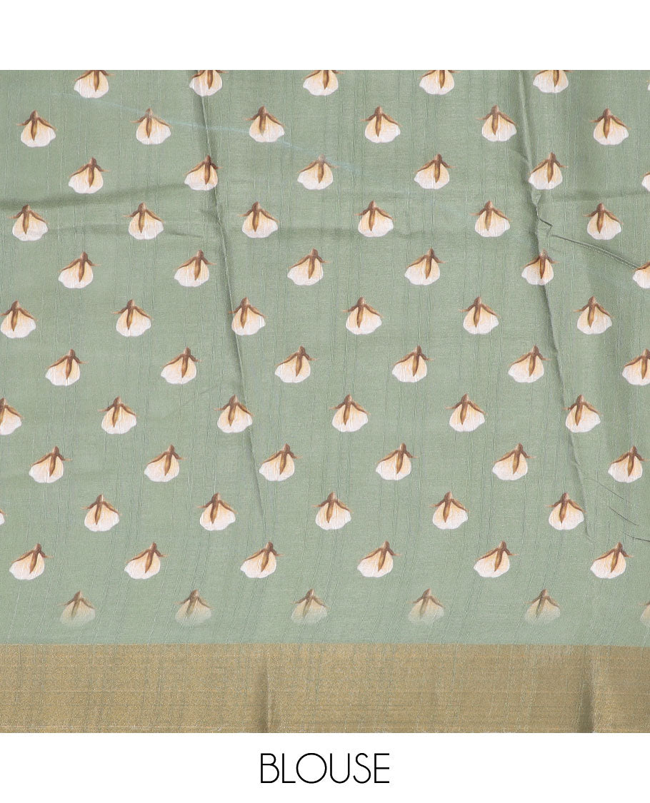 Green floral printed semi-banaras dola saree, plain border