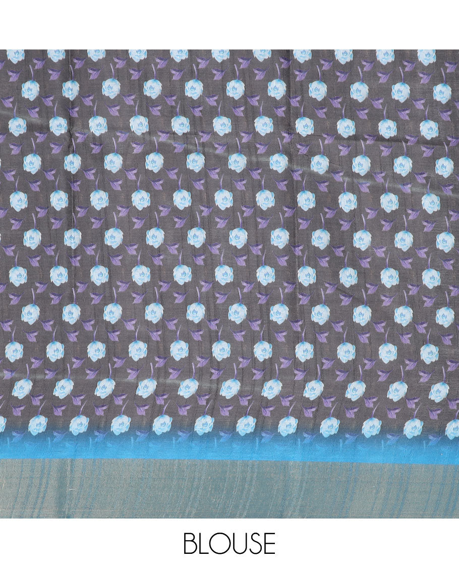 Blue floral printed semi-banaras dola saree, contrast plain border