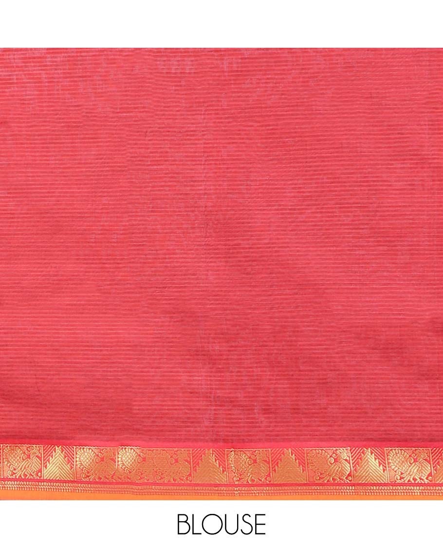 Blue striped poly cotton saree, contrast traditional design border & pallu of stripes
