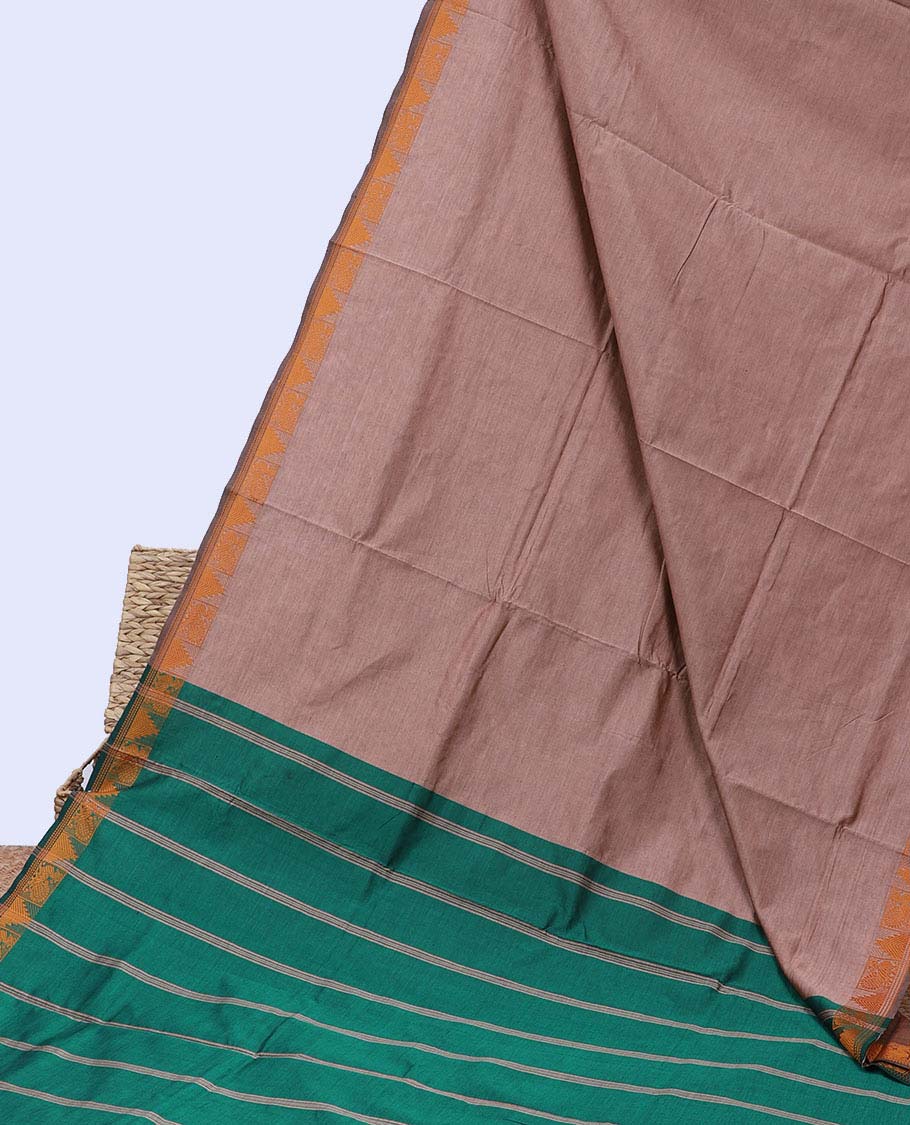 Brown plain poly cotton saree, traditional design border & contrast pallu of stripes