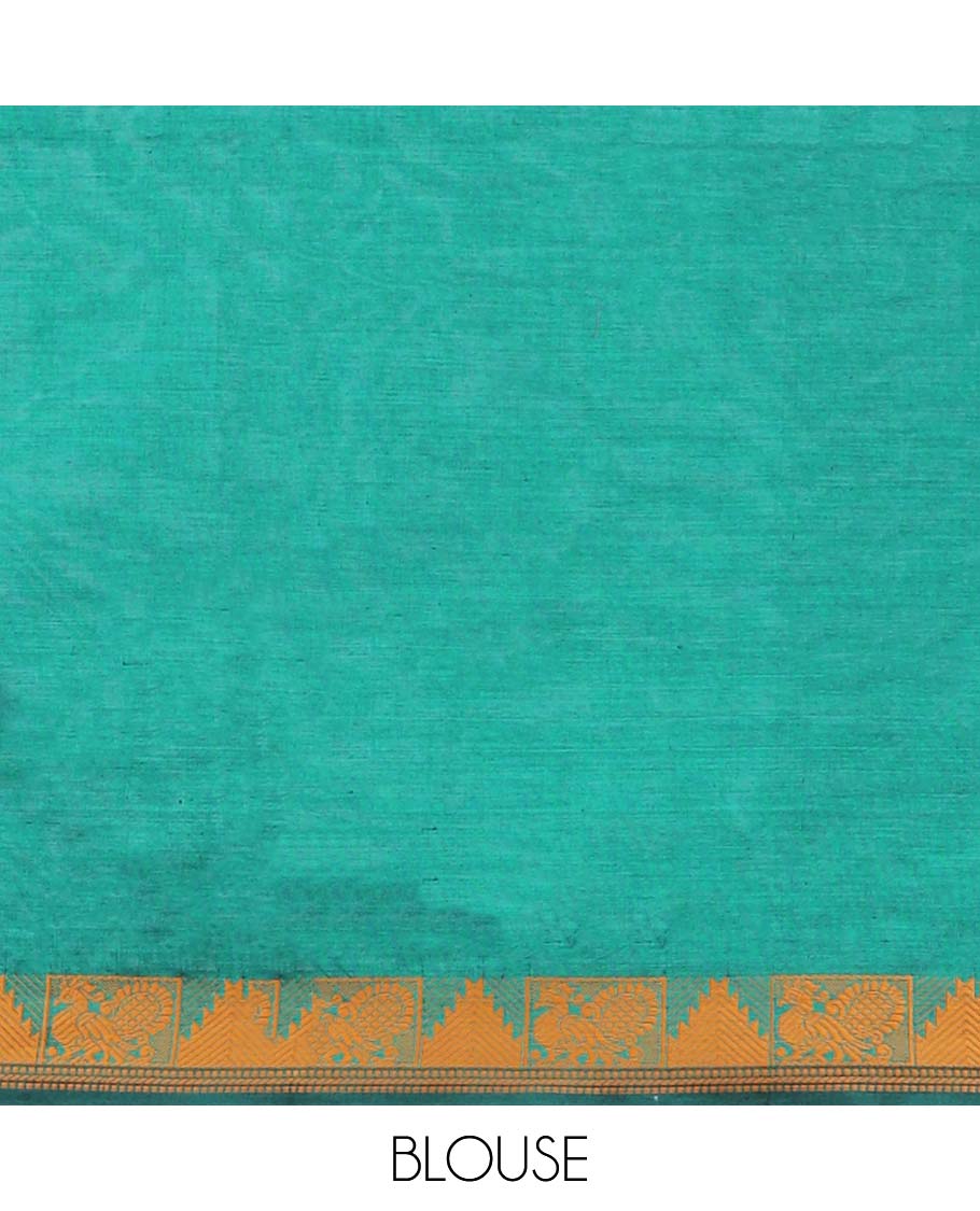 Brown plain poly cotton saree, traditional design border & contrast pallu of stripes