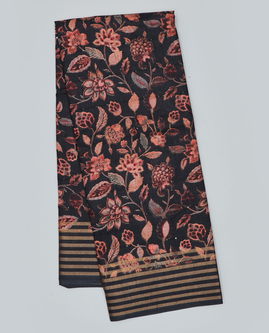 Black floral printed semi-banaras dola saree, striped border