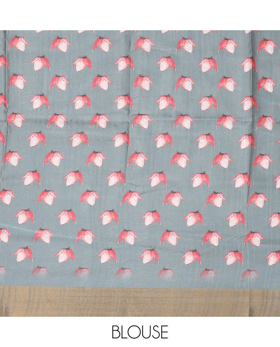 Grey floral printed semi-banaras dola saree, plain border