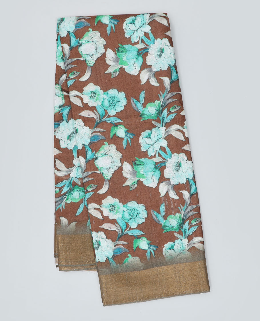 Brown floral printed semi-banaras dola saree, plain border