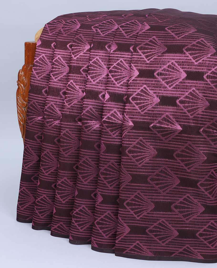 Borderless brown jacquard semi-silk cotton saree, contrast floral creeper & chevron pallu