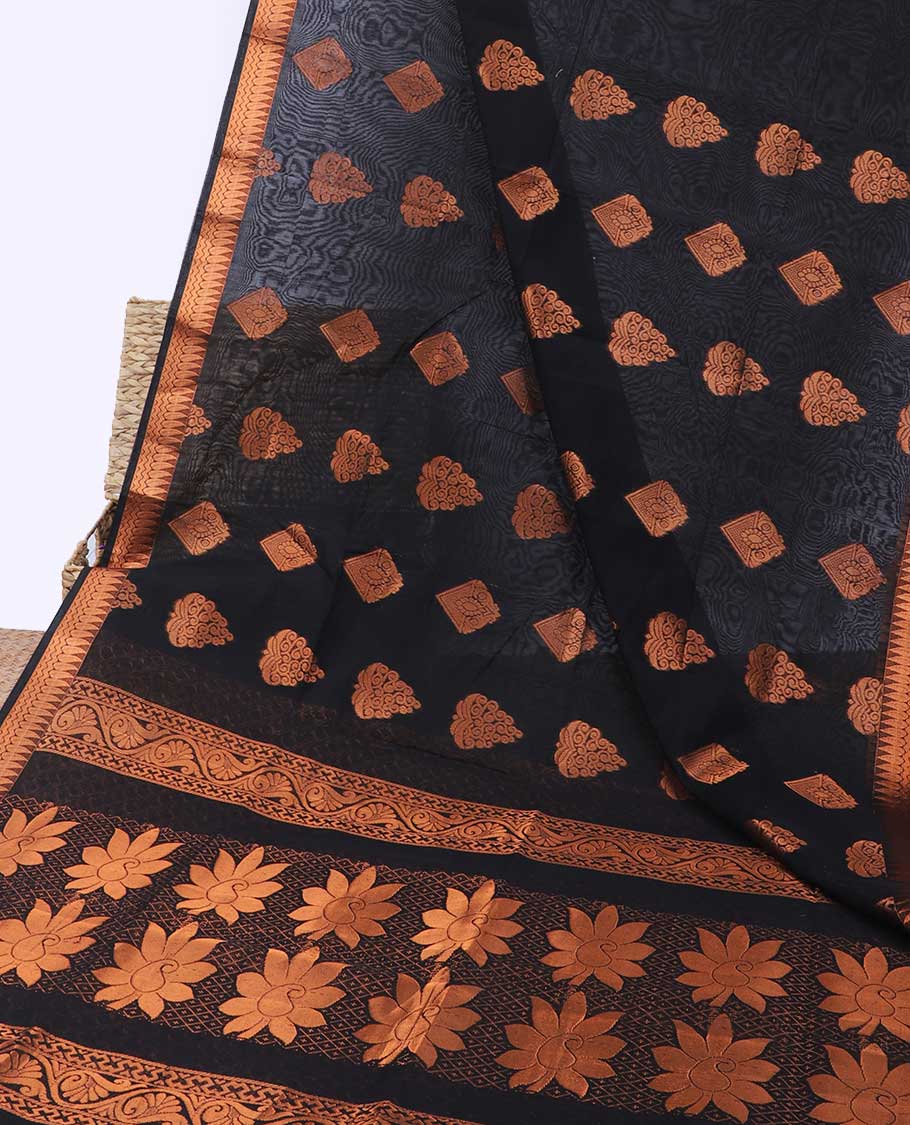 Black semi-silk cotton saree with zari buttas, traditional zari border & pallu with floral designs