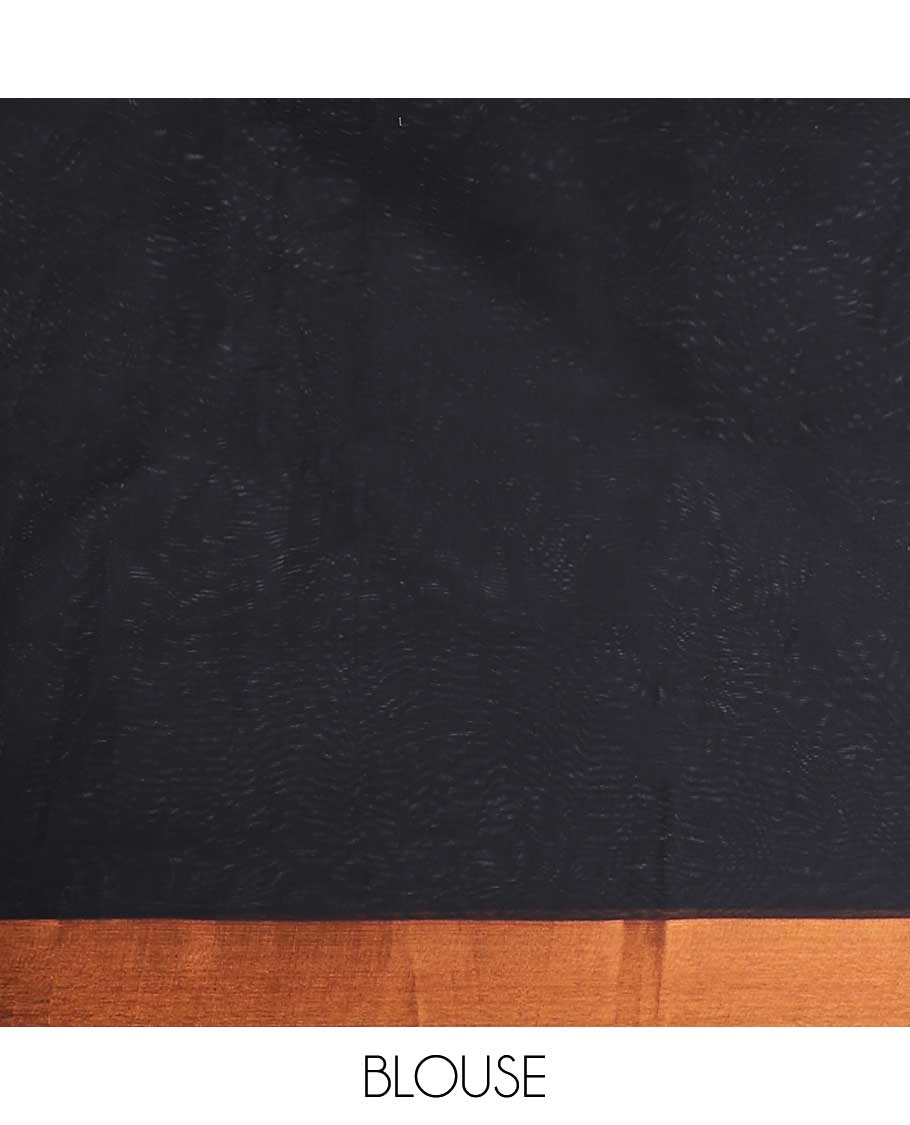 Black semi-silk cotton saree with zari buttas, temple zari border & pallu of temple designs