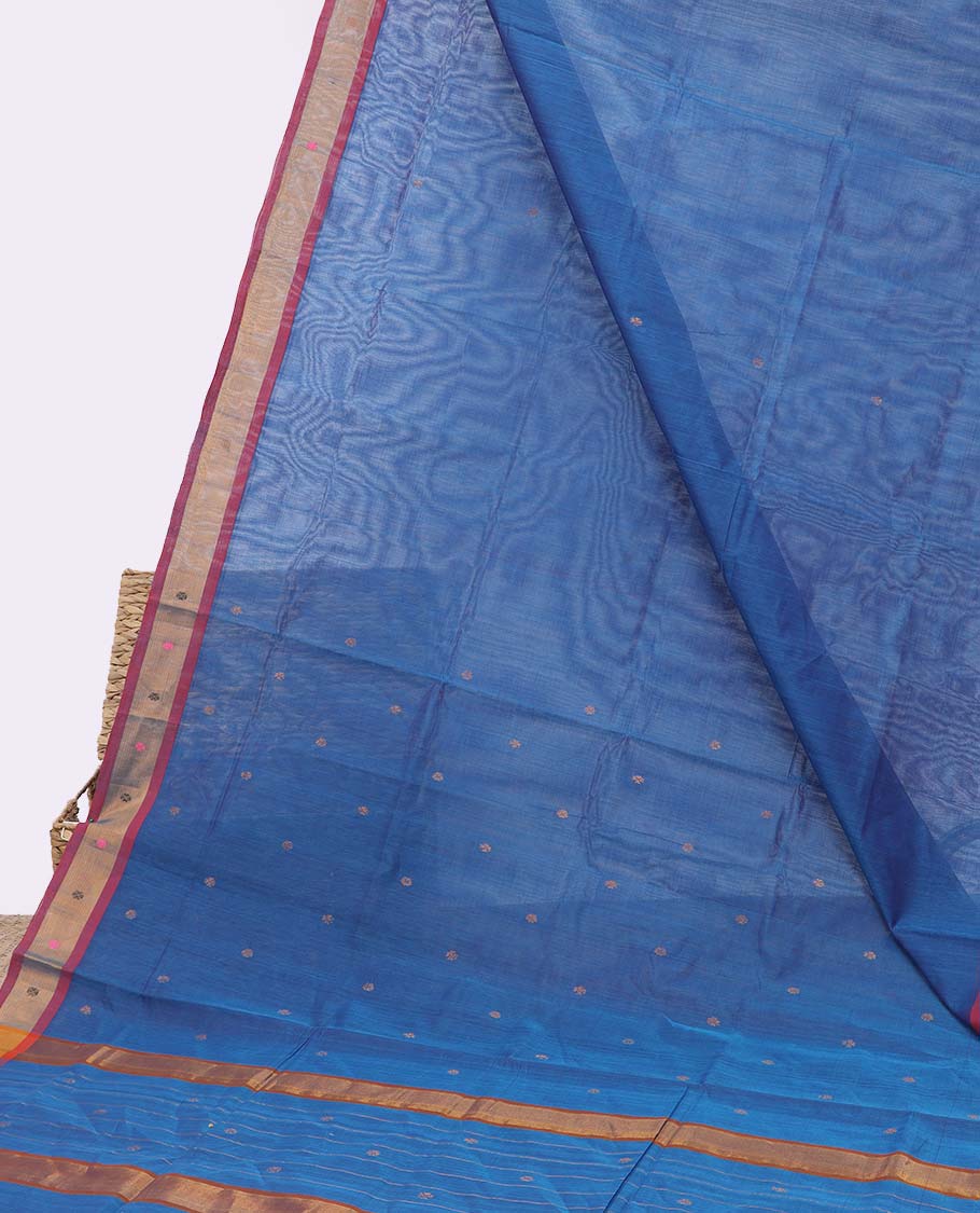 Blue venkatagiri cotton saree with all-over buttas, contrast unique design border & pallu of stripes