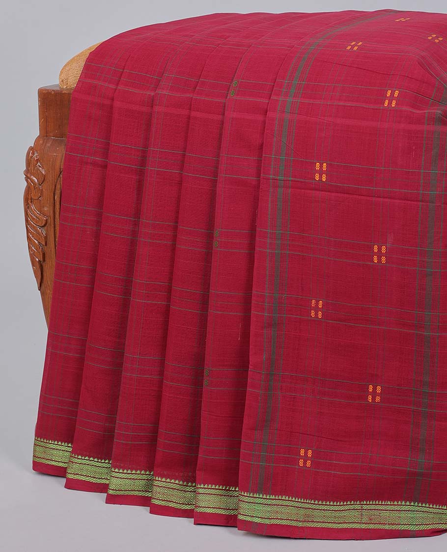 Red venkatagiri cotton saree with all-over buttas, traditional design border & pallu of buttas