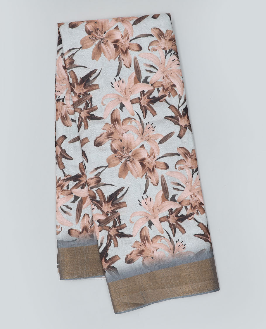 Grey floral printed semi-banaras dola saree, plain border