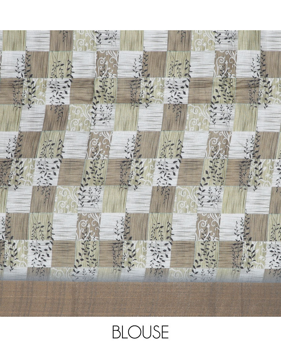 Grey floral printed semi-banaras dola saree, plain border