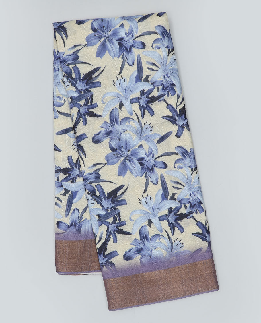 Grey floral printed semi-banaras dola saree, plain border