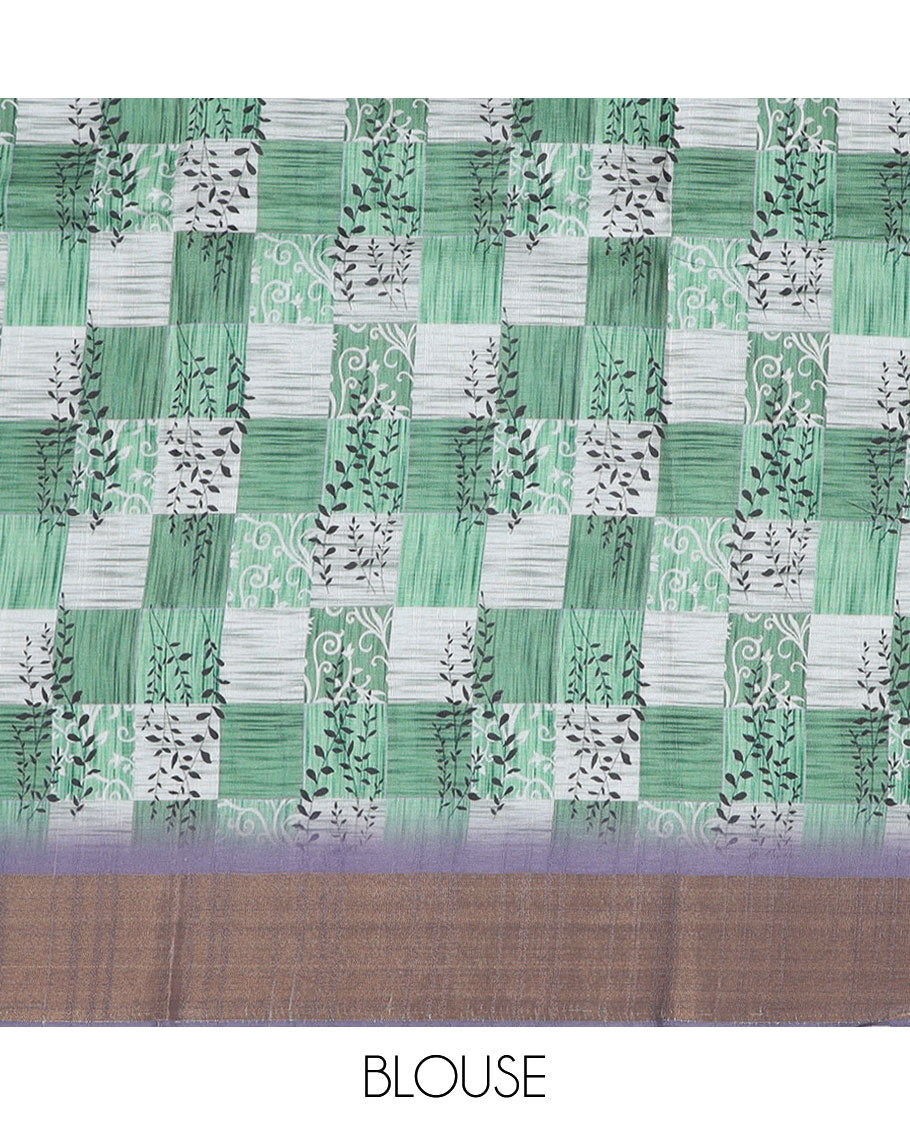 Grey floral printed semi-banaras dola saree, plain border