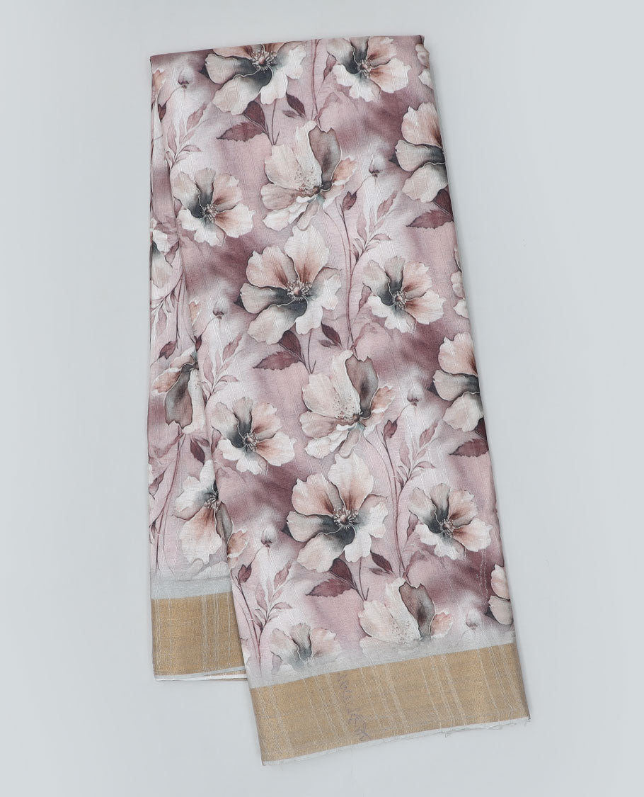 Brown floral printed semi-banaras dola saree, plain border
