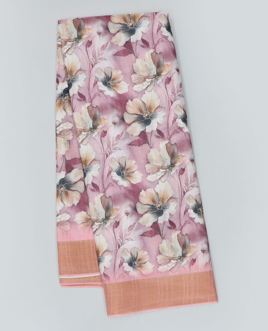 Pink floral printed semi-banaras dola saree, plain border
