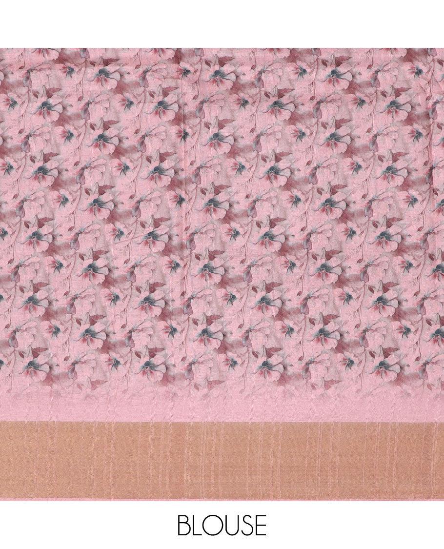 Pink floral printed semi-banaras dola saree, plain border