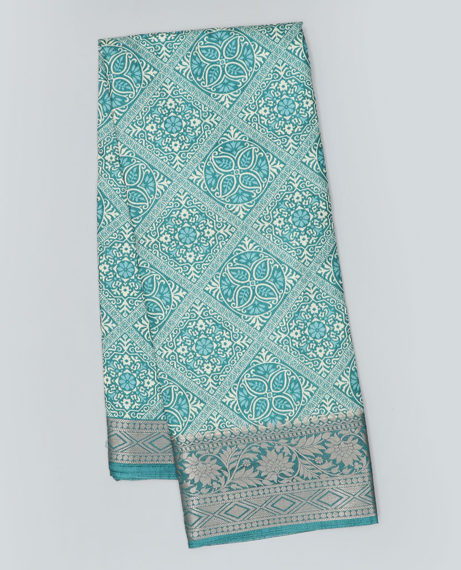 Blue intricately printed semi-banaras dola saree,traditional zari border