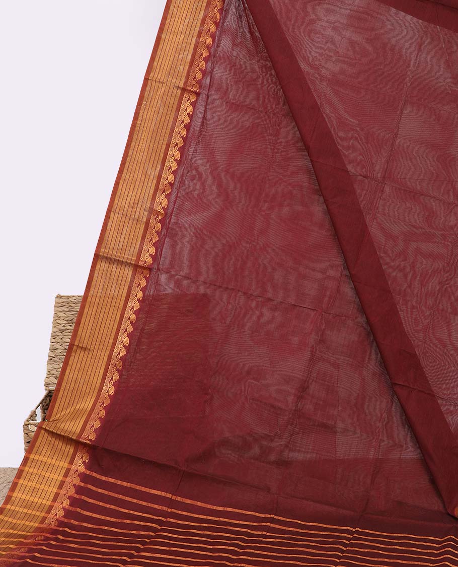 Maroon plain venkatagiri cotton saree, contrast paisley design border & pallu of stripes