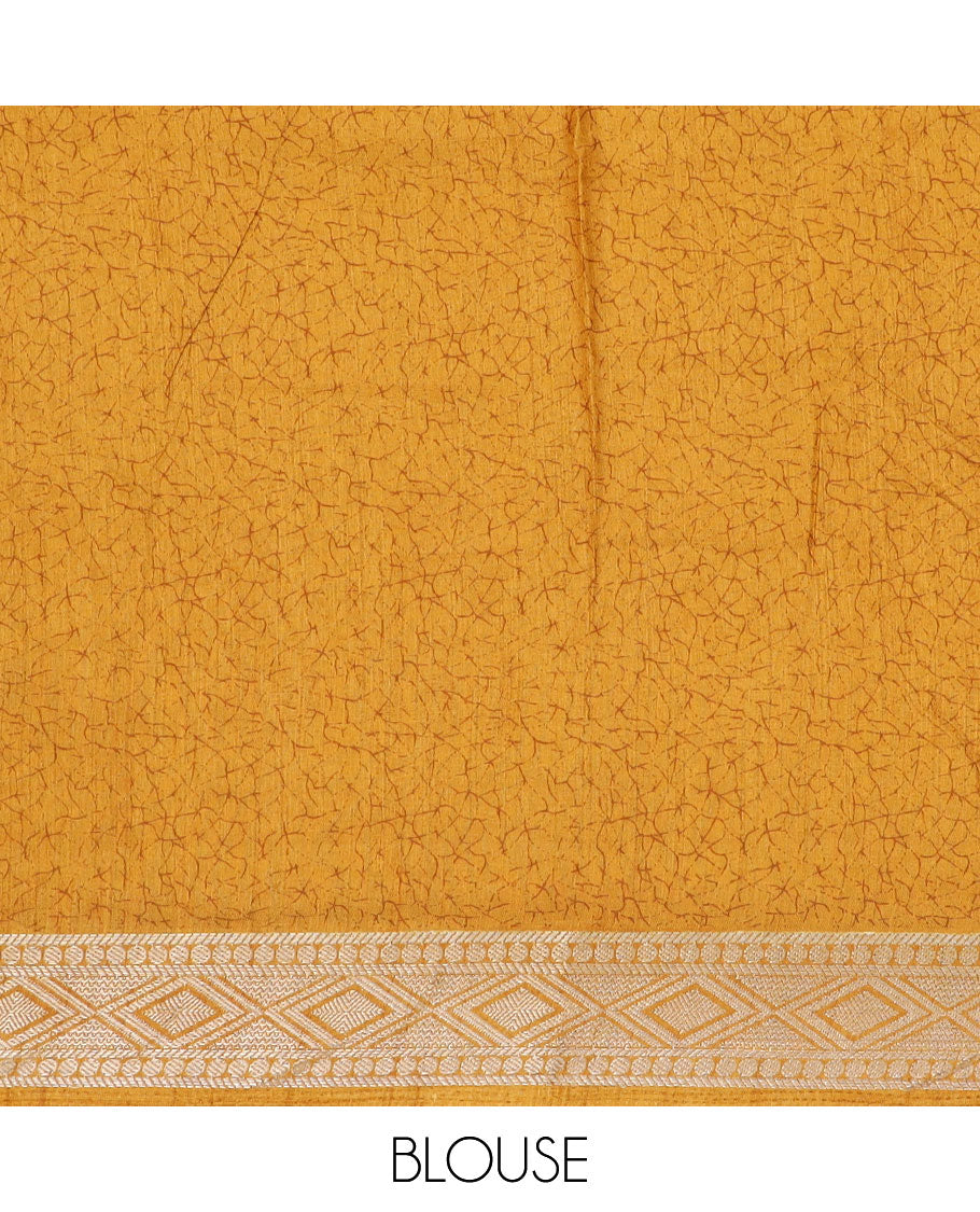 Yellow intricately printed semi-banaras dola saree, traditional zari border