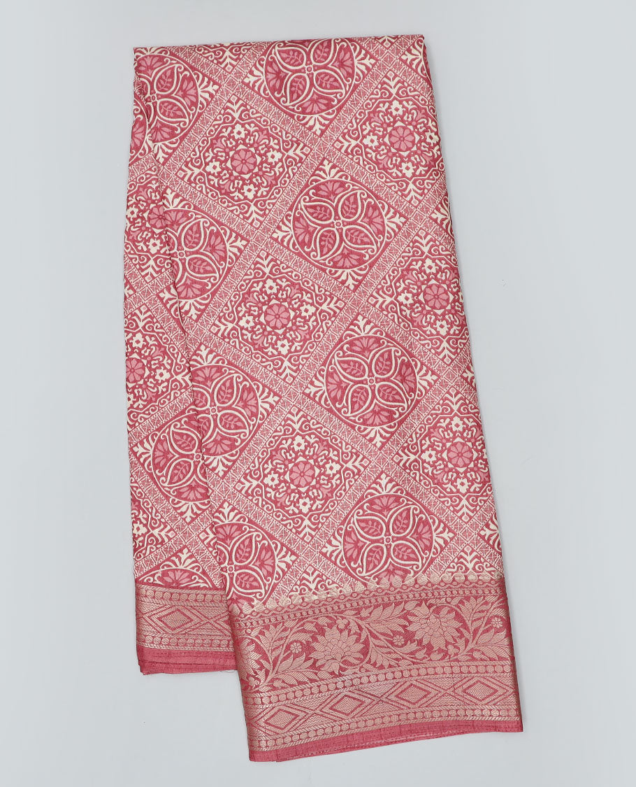 Red intricately printed semi-banaras dola saree, traditional zari border