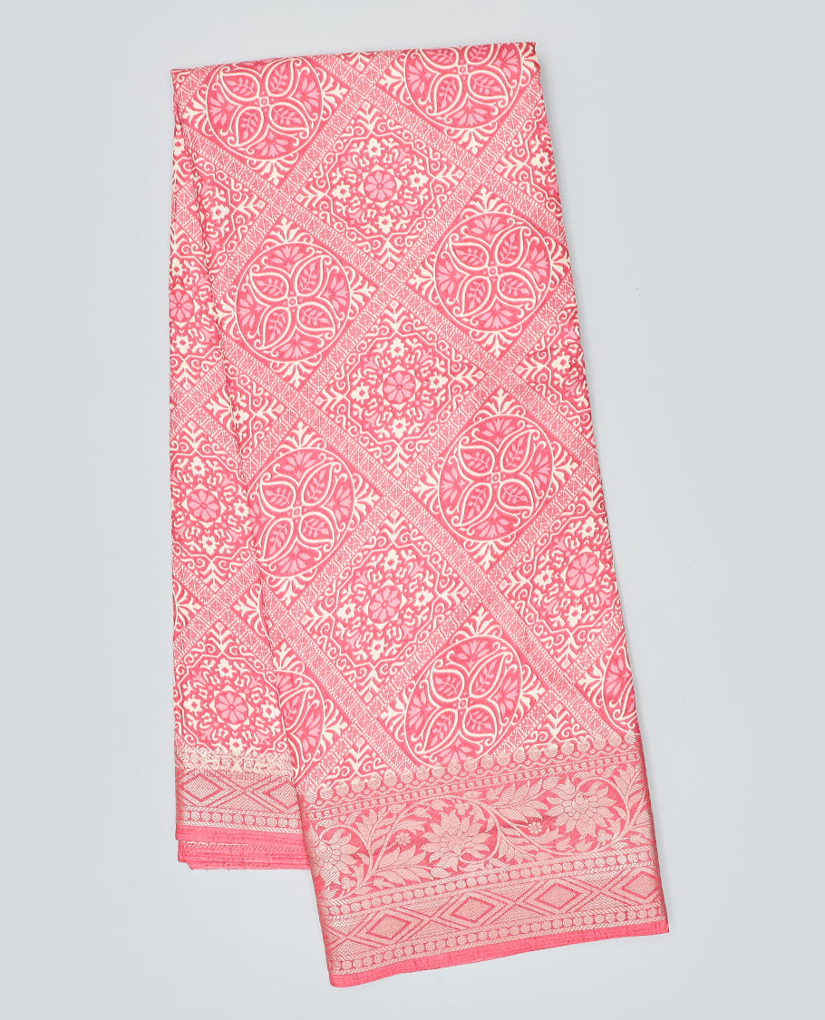 Pink intricately printed semi-banaras dola saree,traditional zari border