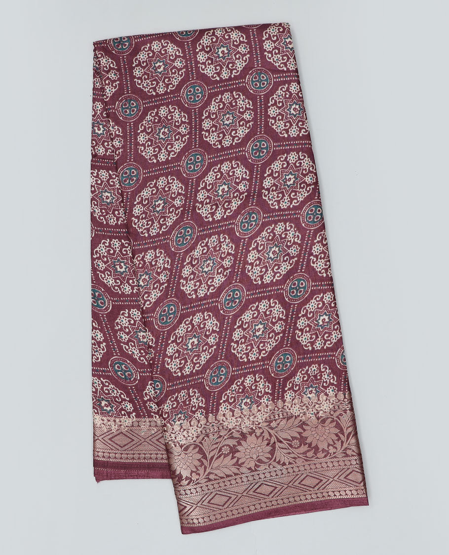 Brown ajrakh-style printed semi-banaras dola saree, traditional zari border