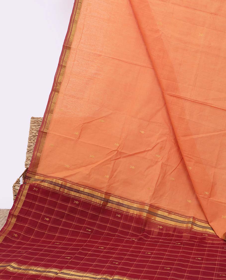 Orange Andhra cotton saree with buttas, contrast traditional design border & butta enclosed checked pallu