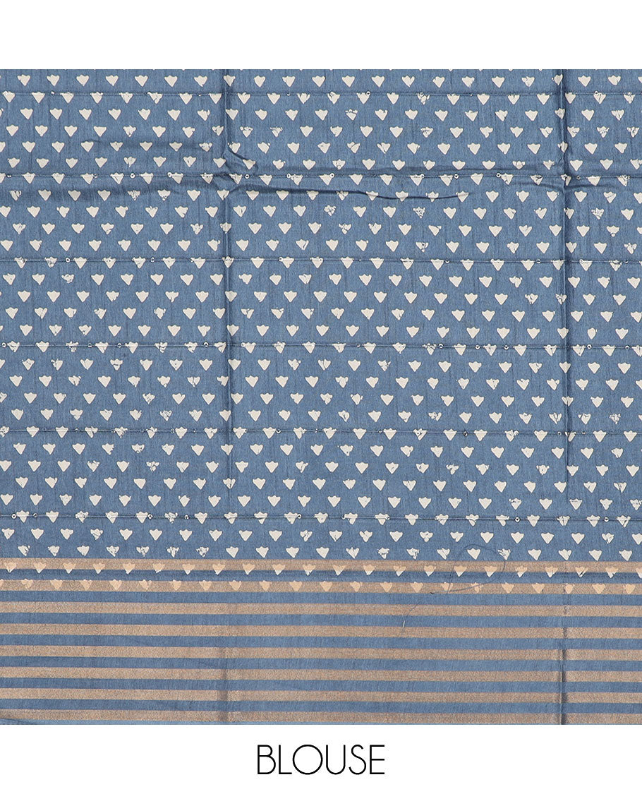 Grey striped & floral printed semi-banaras dola saree, striped border