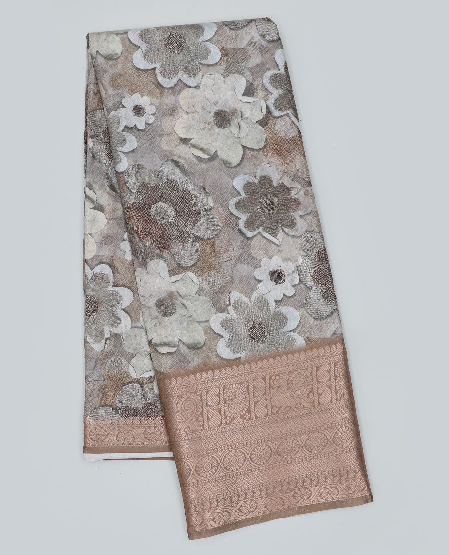 Grey floral printed semi-banaras dola saree, traditional design border
