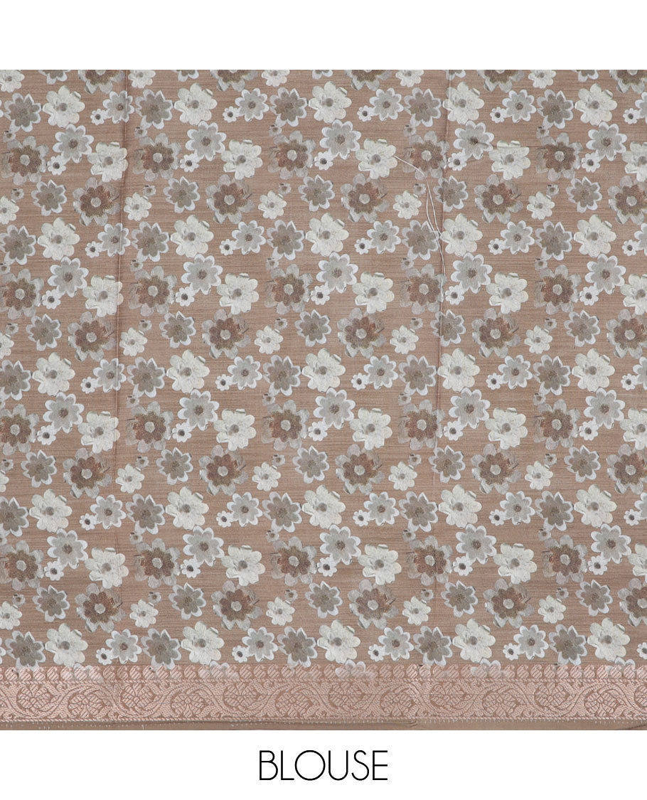 Grey floral printed semi-banaras dola saree, traditional design border