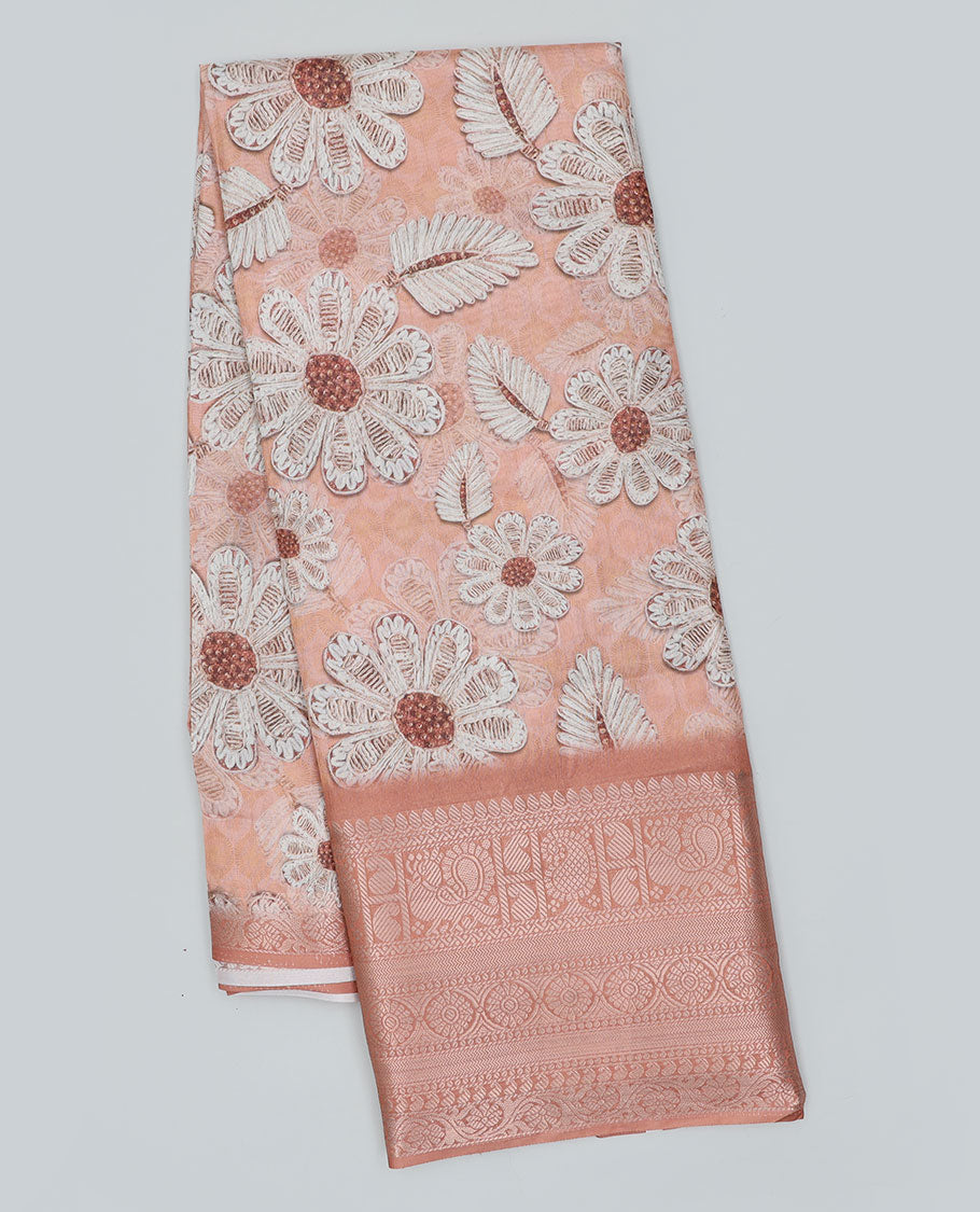 Peach floral printed semi-banaras dola saree, traditional design border