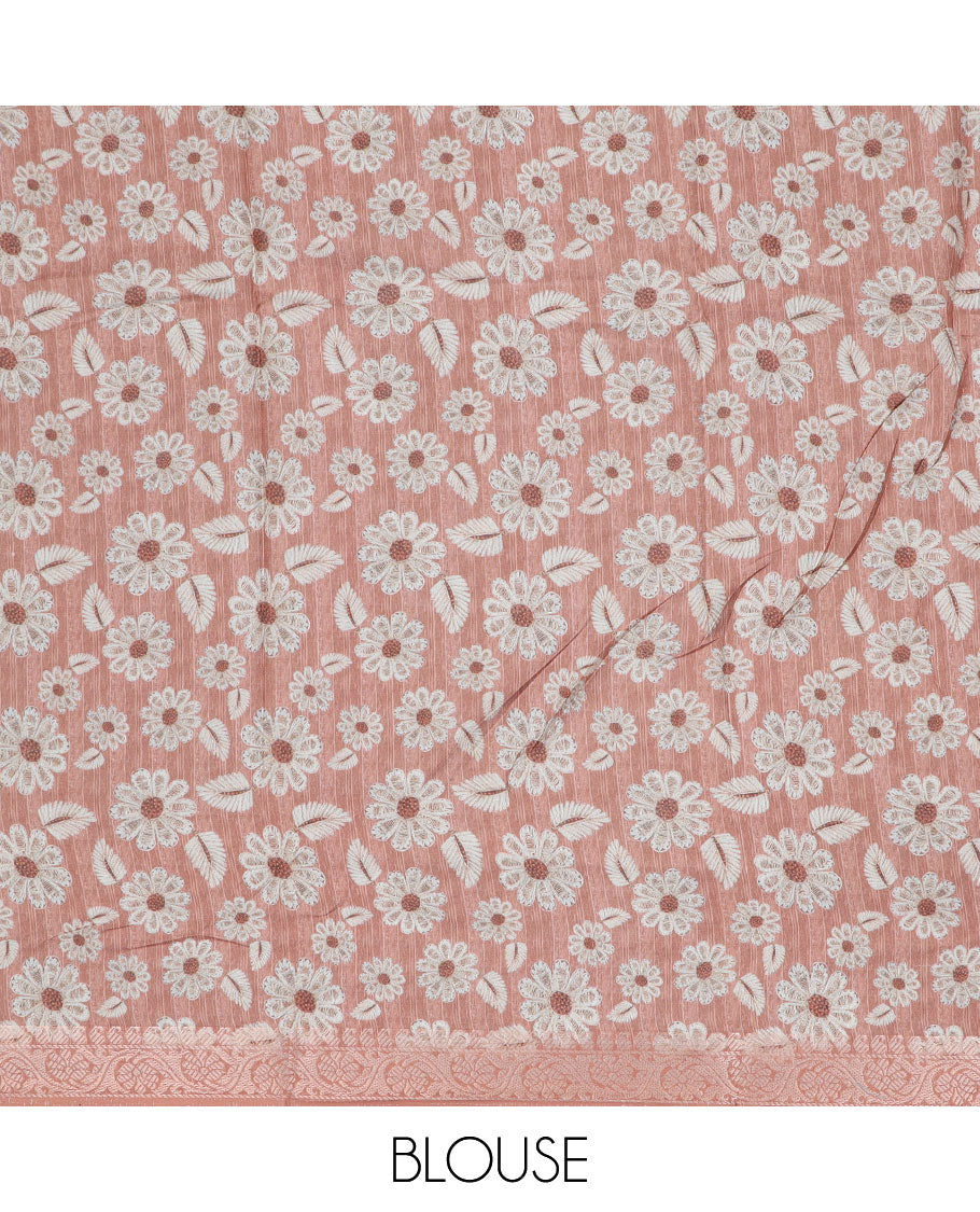 Peach floral printed semi-banaras dola saree, traditional design border