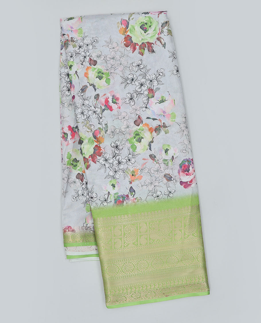 Grey floral printed semi-banaras dola saree, contrast traditional design border