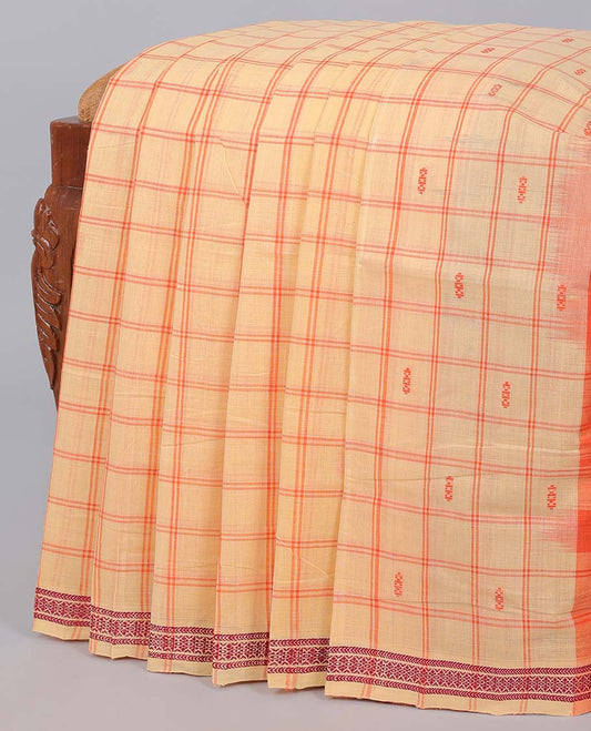 Orange checked Andhra cotton saree with buttas, traditional design border & contrast pallu of stripes