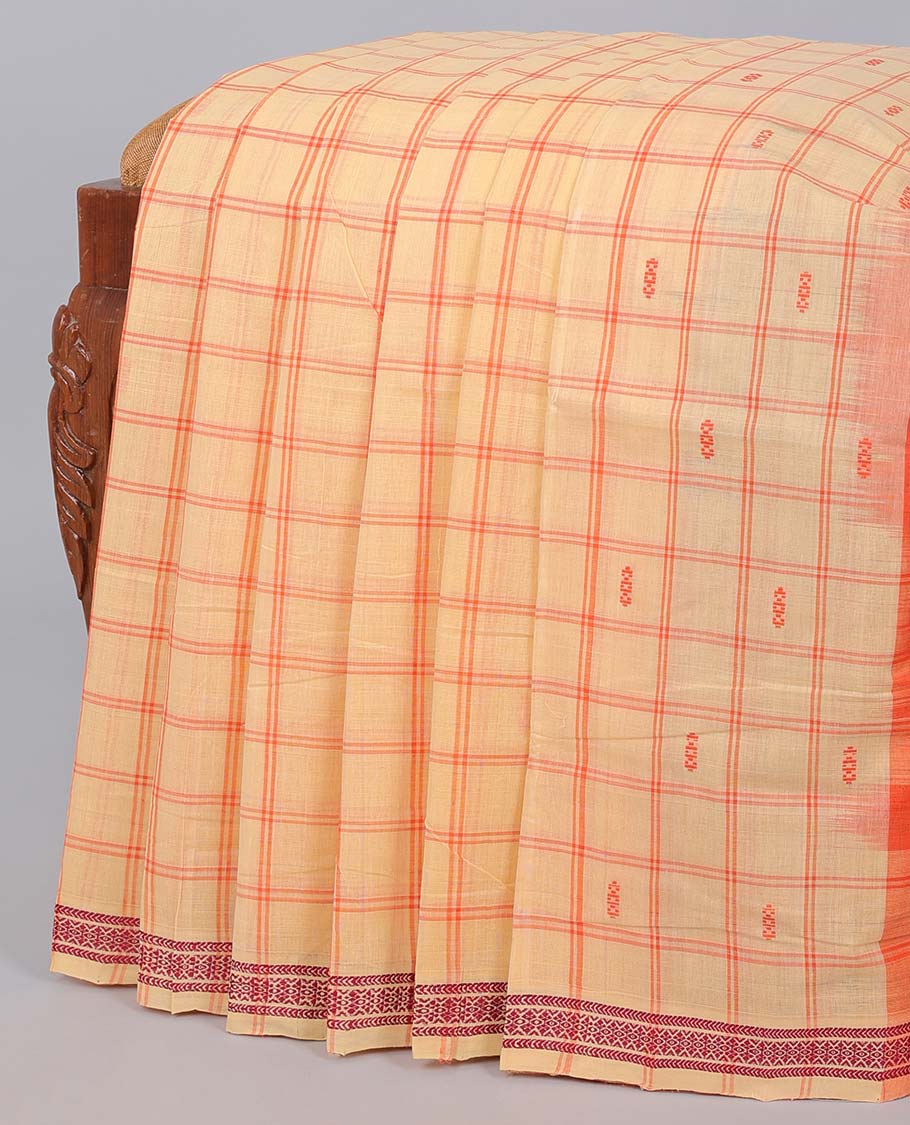 Orange checked Andhra cotton saree with buttas, traditional design border & contrast pallu of stripes
