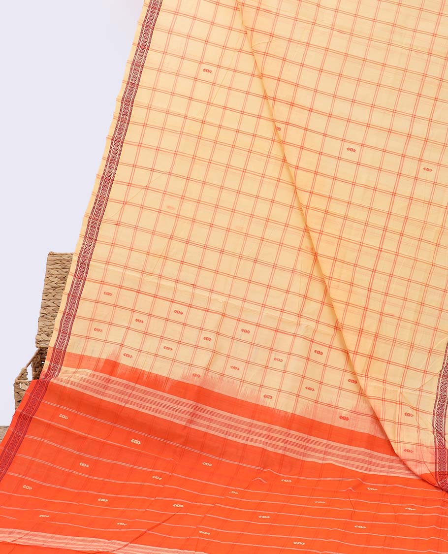 Orange checked Andhra cotton saree with buttas, traditional design border & contrast pallu of stripes