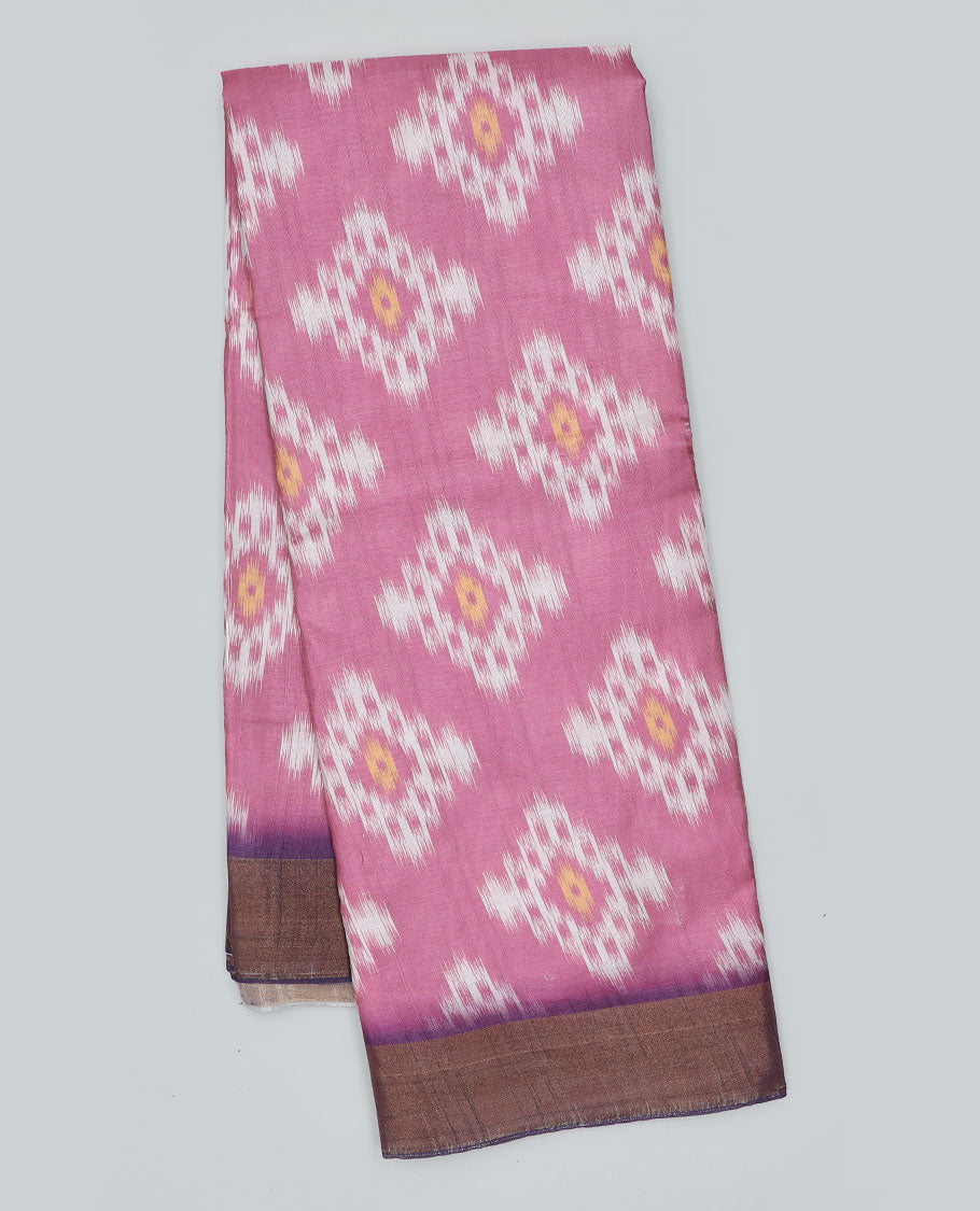 Pink diamond printed semi-banaras dola saree, contrast border
