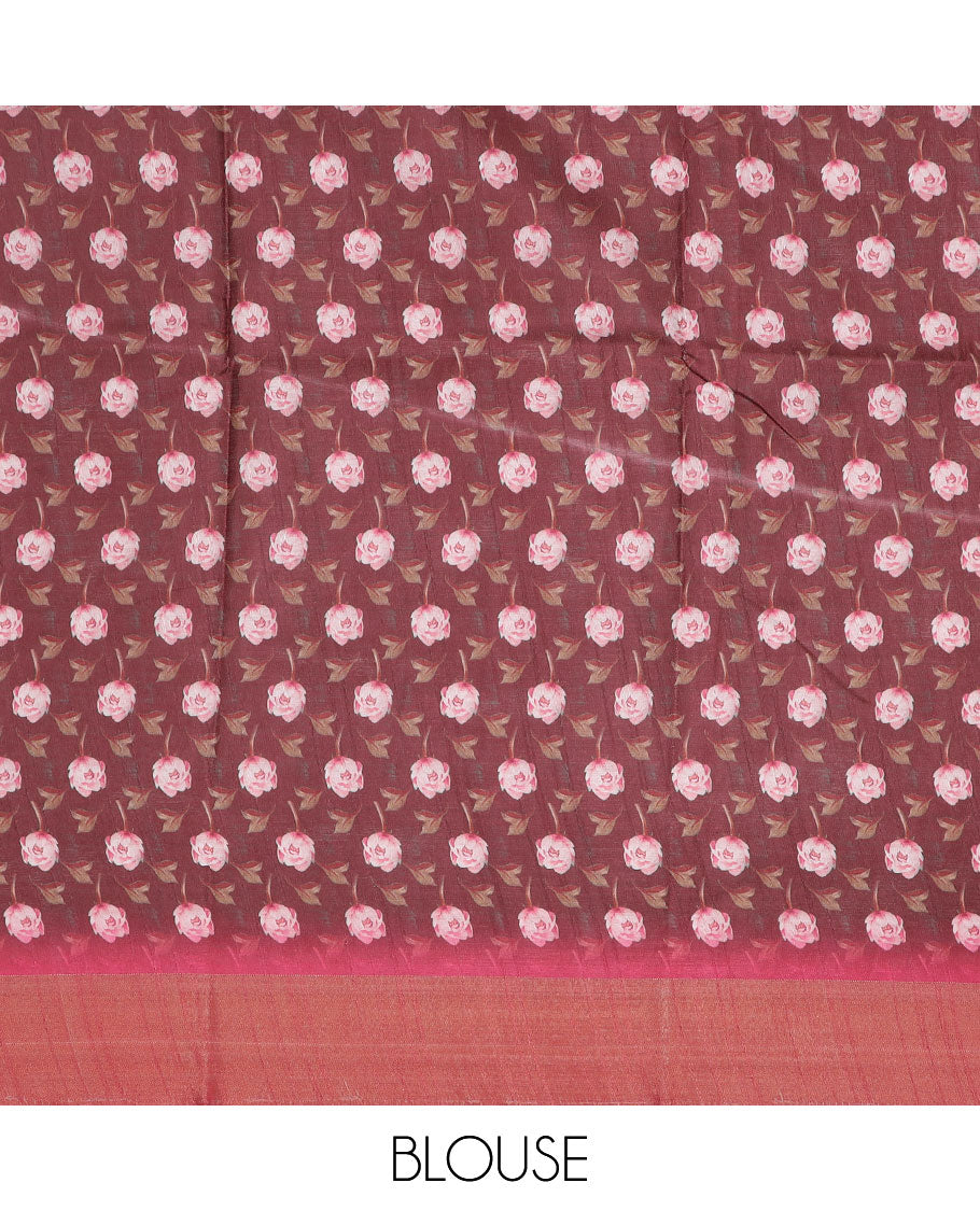 Maroon floral printed semi-banaras dola saree, contrast border
