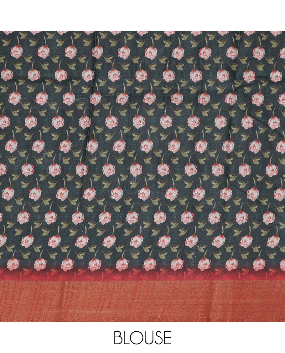Green floral printed semi-banaras dola saree, contrast border