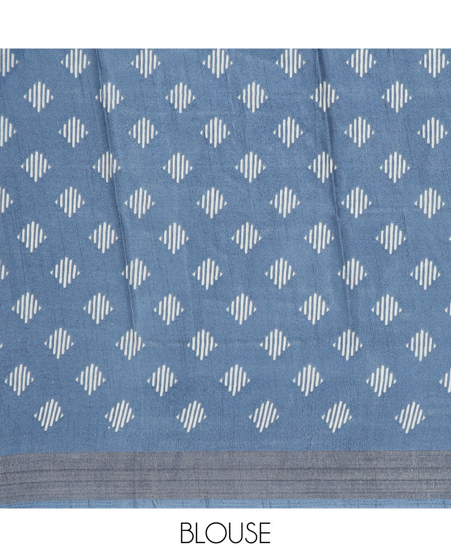 Grey geometric printed semi-banaras dola saree, sequins striped border
