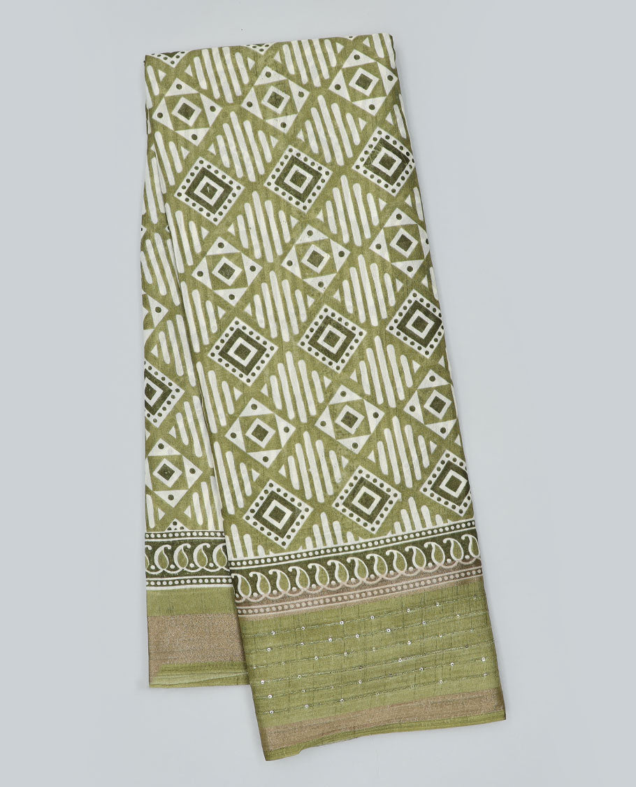 Green geometric printed semi-banaras dola saree, sequins striped border