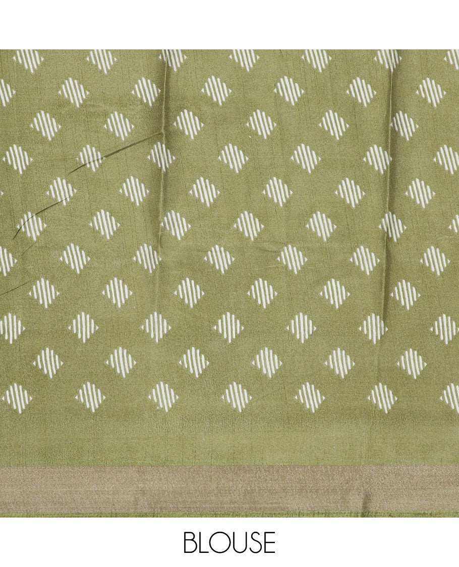 Green geometric printed semi-banaras dola saree, sequins striped border
