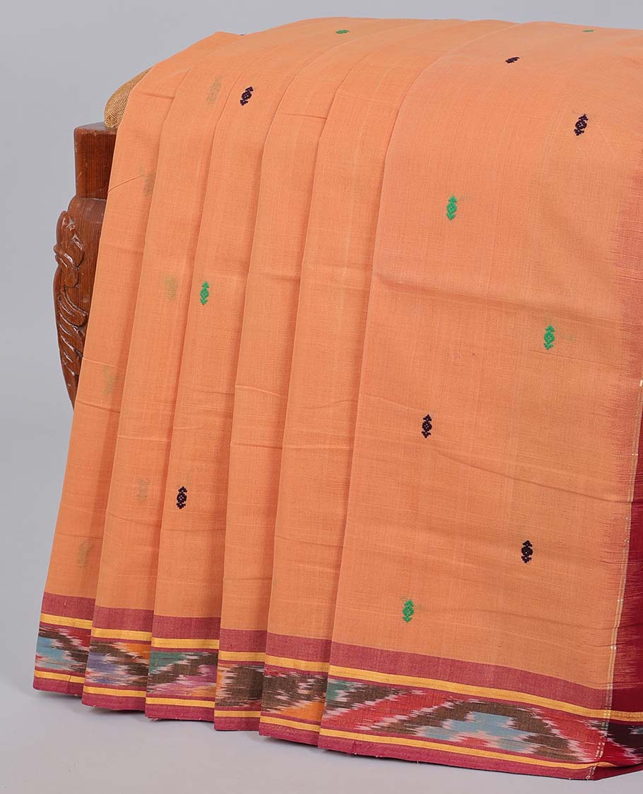 Orange Andhra cotton saree with buttas, contrast ikkat border & pallu of ikkat design