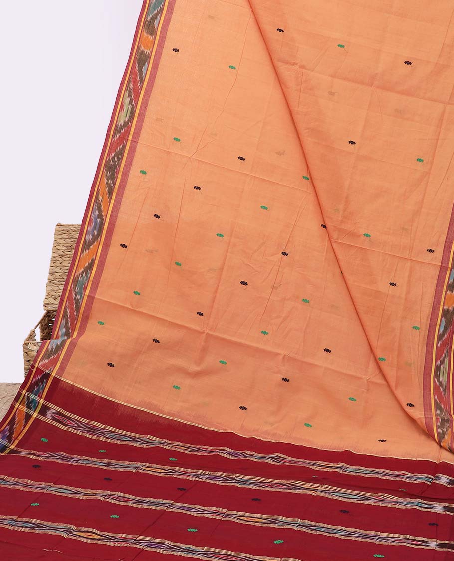 Orange Andhra cotton saree with buttas, contrast ikkat border & pallu of ikkat design