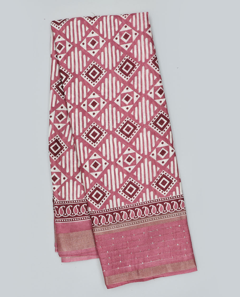 Pink geometric printed semi-banaras dola saree, sequins striped border