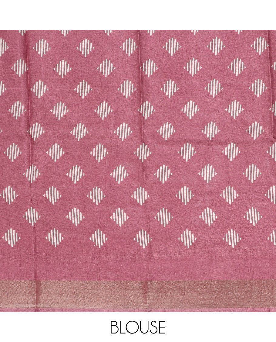 Pink geometric printed semi-banaras dola saree, sequins striped border