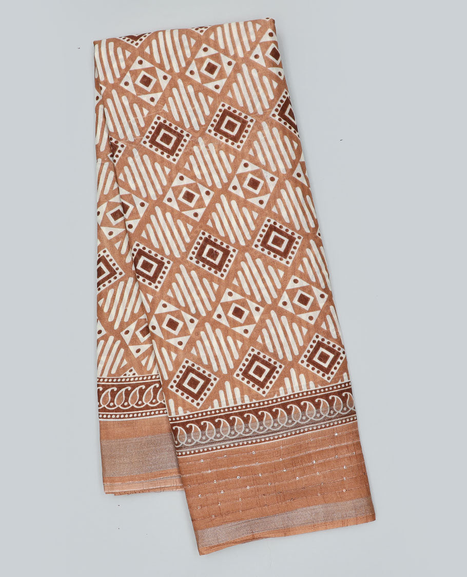 Orange geometric printed semi-banaras dola saree, sequins striped border