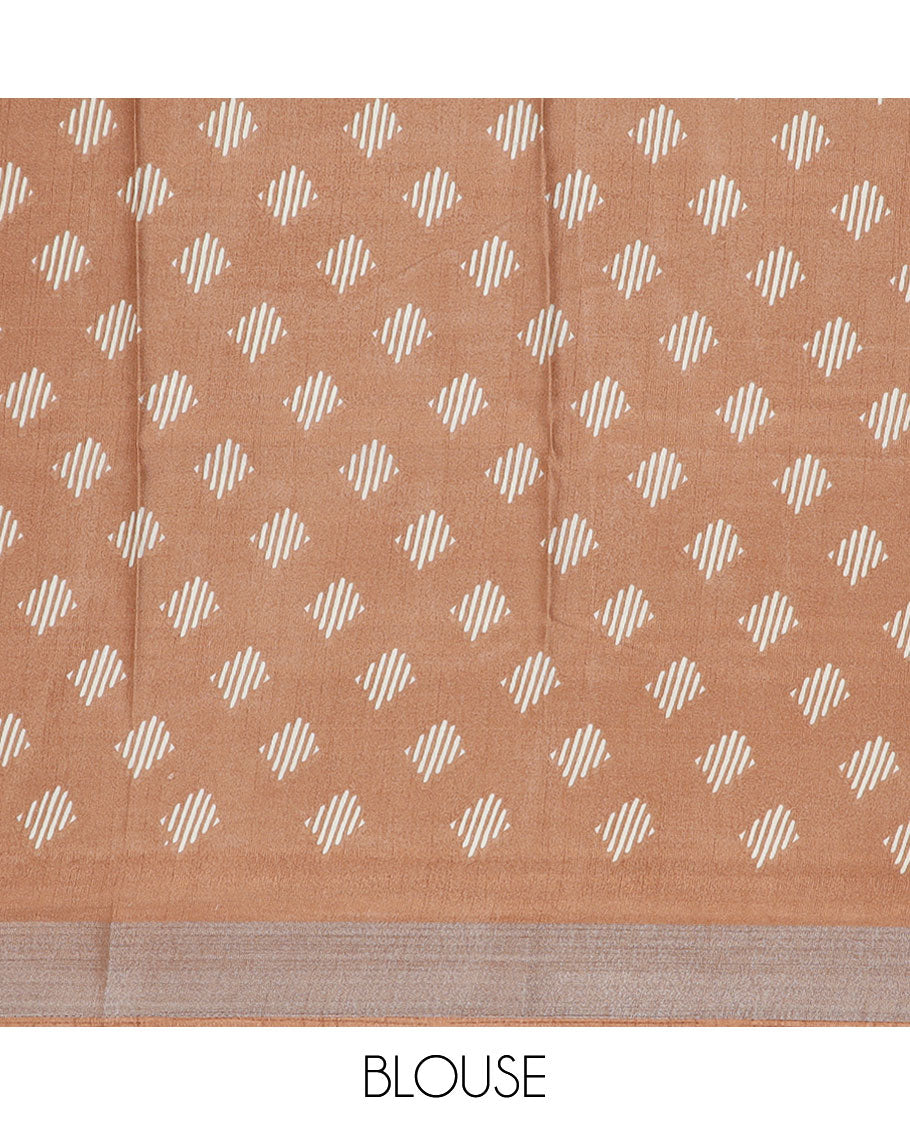 Orange geometric printed semi-banaras dola saree, sequins striped border