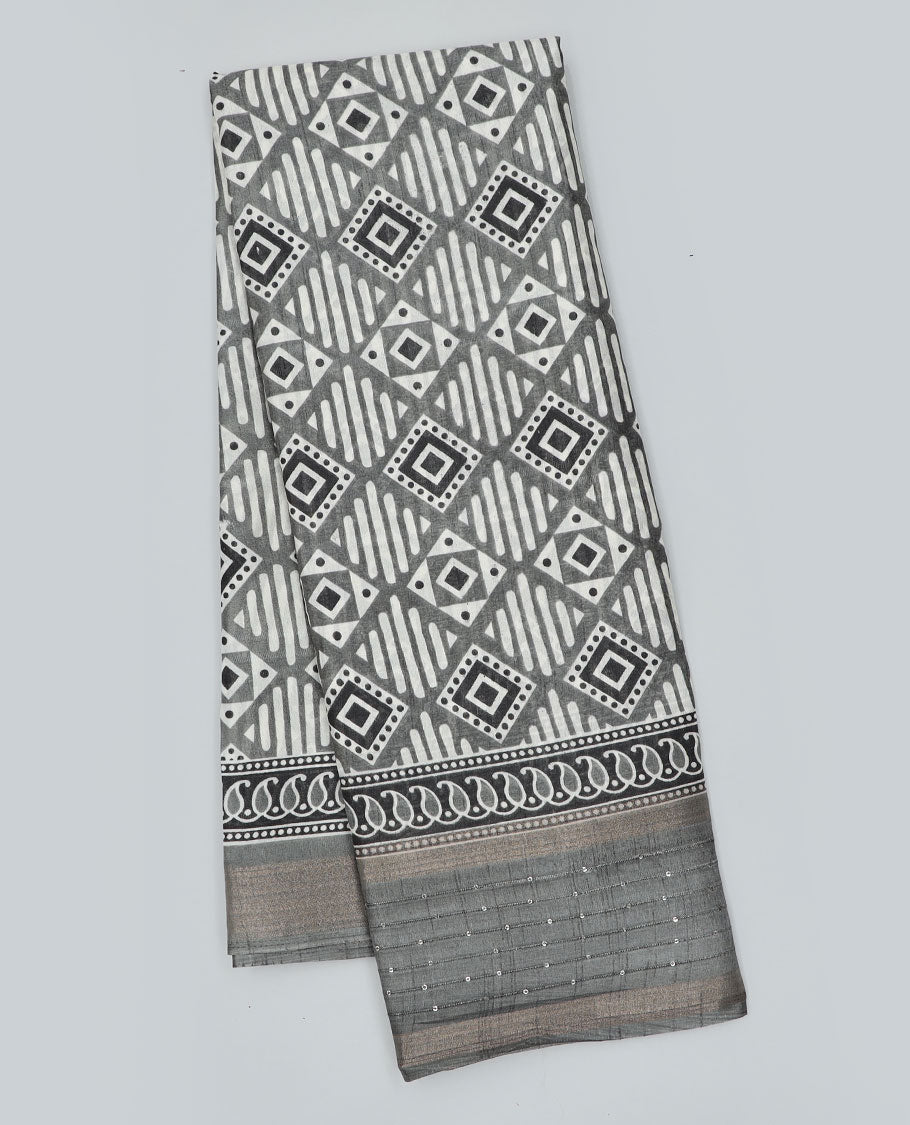 Grey geometric printed semi-banaras dola saree, sequins striped border